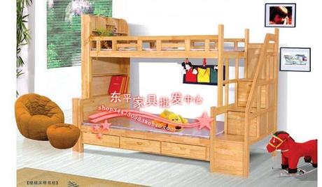 松木家具 儿童床 大楼梯床带书柜 实木双层床 上