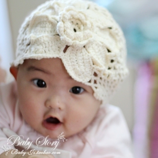  13春秋 婴儿童发带帽子 女宝宝秋款帽帽 乳白色 大花朵