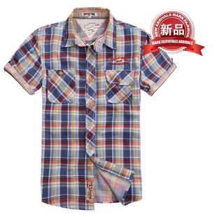 马克华菲正品纯棉修身格子短袖衬衫7122317004