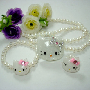  宝宝儿童饰品 镶钻小Kitty套链（项链+手链+戒指）
