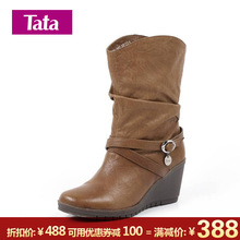 Tata/他她 时尚褶皱 小牛皮女皮靴 中筒 靴子FZM60D/388秒杀