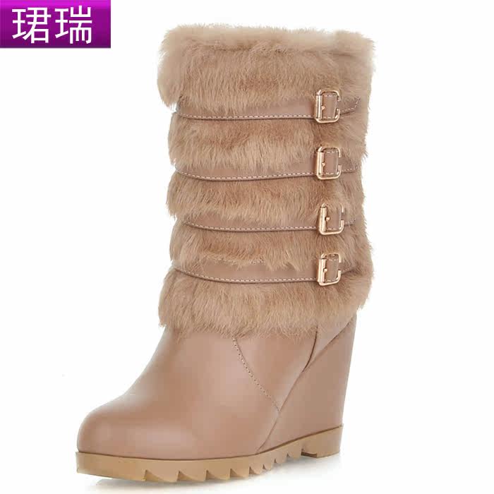 珺瑞2012冬季新品坡跟韩版雪地靴中筒靴真皮兔毛圆头女靴子