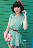 送腰带2012新款夏热卖复古杂志款vivi蓝色小碎花甜美雪纺衫 小衫