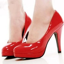 新款漆光皮高跟鞋单鞋防水台女鞋工作鞋女士鞋皮鞋潮流鞋红色婚鞋