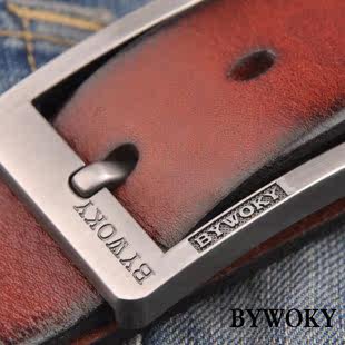 BYWOKY 正品 头层牛皮 真皮 皮带 男 针扣 休闲 腰带 男式 男士