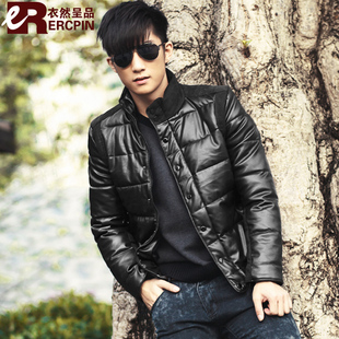  包邮冬装新款仿皮料修身型棉服立领多材质拼接外套 男装棉衣ER025