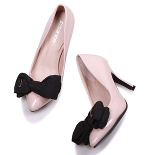 Heiress OL wind shallow space cotton solid bow pointed high heel danxie shoes