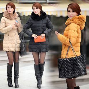 2012新款秋冬装奢华兔毛领羽绒服女韩版修身中长款潮正品反季清仓