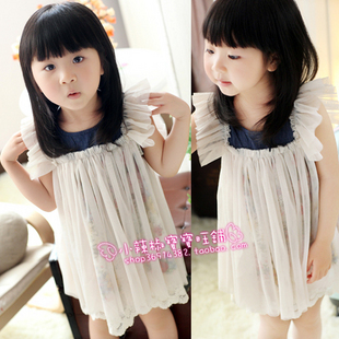  儿童夏季新款韩版背心裙超柔软雪纺女童飞袖蕾丝女童背心裙