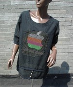夏季针织镶钻苹果黑色棉布宽松大码中长款短袖t恤衫亏本