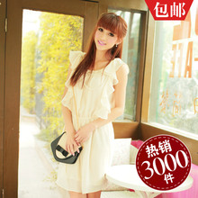 2012夏装韩版淑女 荷叶边裸色百搭雪纺纯色连衣裙【送珠链】520