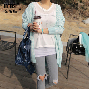 2014<em>春</em>款新款<em>开衫针织衫</em>女装韩版千鸟格宽松