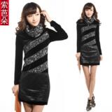 索芭朵新品春款女装2012春装新款韩版豹纹黑丝绒长袖连衣裙8106