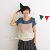 nana 日式田园 文艺 碎花拼条纹 胸前插袋 纯棉 短袖T恤 T120509