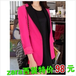  春冬欧美 zar*糖果色撞色大码修身小西服女士外套无扣小西装