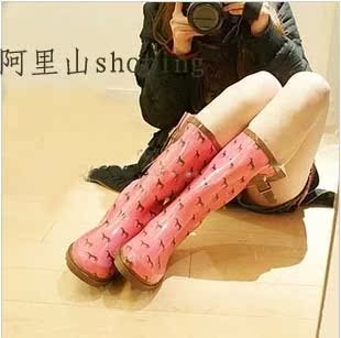  爆款皇冠特价保暖毛绒百搭时尚女款雨鞋雨靴胶鞋水鞋粉红色小马