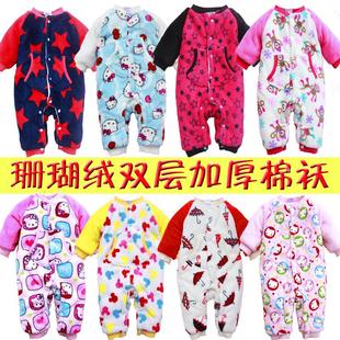  原单厚婴儿宝宝新生儿冬装外出服装珊瑚绒棉衣加厚连体衣哈衣