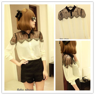  小丸子 新品女装 欧美风新款秋装黑蕾丝小香风长袖雪纺衬衫#1441