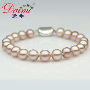  黛米珠宝 独特粉/紫色系8-9mm近圆强光 天然淡水珍珠手链正品 新