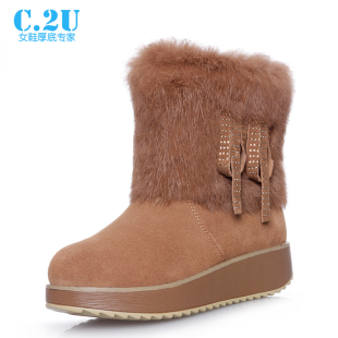  c2u正品冬款真皮兔毛厚底雪地靴坡跟短靴流苏防水台摇摇女靴
