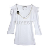 2010春装新款 BUYEST珍珠金属项链耸肩七分袖T恤今季最流行女装