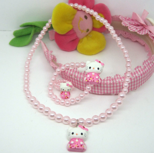  HELLO KITTY 卡通项链儿童珍珠项链 戒指手链项链三件套 新和服