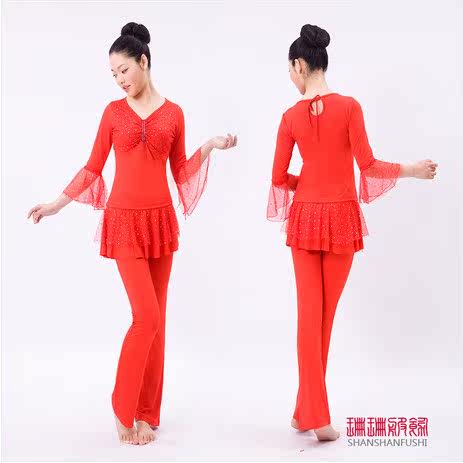 2014新款成人女式拉丁舞服装双人舞喇叭袖满天星套装广场舞服装