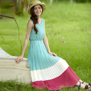 妮以2012夏装 新款女装拼接背心雪纺百褶裙连衣裙波西米亚长裙