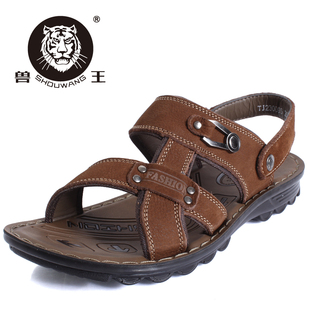  兽王夏季新品凉拖男式鞋休闲透气沙滩鞋男真皮凉鞋子男TJ230096