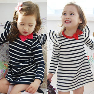 春装韩版新款 条纹飞袖款女童装宝宝儿童长袖连衣裙qz-0404