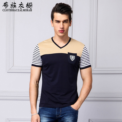布族衣橱夏装新款上装拼接V领短袖T恤男丝光爽棉韩版修身潮T恤