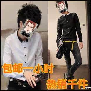 潮品2013春夏季新款韩版休闲男士修身立领衬衣 林弯弯长袖衬衫男