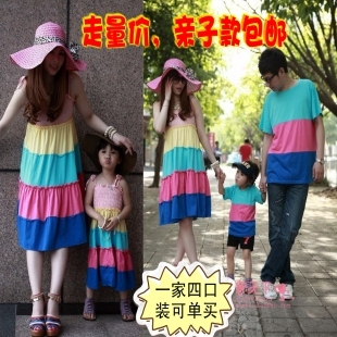  全家装亲子装夏装儿童彩条T恤母子女沙滩服波西米亚长裙父子装