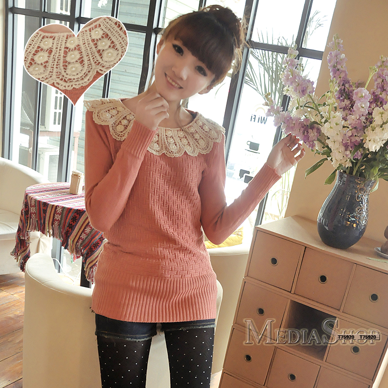 蕾丝打底衫修身中长...