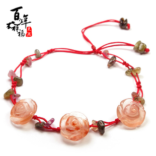  百年祥福 开光 正品 天然红水晶脚链 玫瑰造型 日韩脚绳饰品