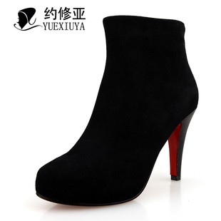  约修亚欧美秋冬女鞋子真皮黑色防水台短靴高跟鞋及裸靴清仓