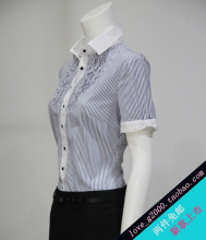 <span class=H>G</span><span class=H>2000</span>修身 女装新款蓝色条纹 白色袖子胸有花边短袖衬衫 衬衣