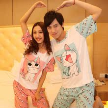 卡通情侣睡衣 女 夏季短袖纯棉甜甜起司猫夏天情侣家居服睡衣套装