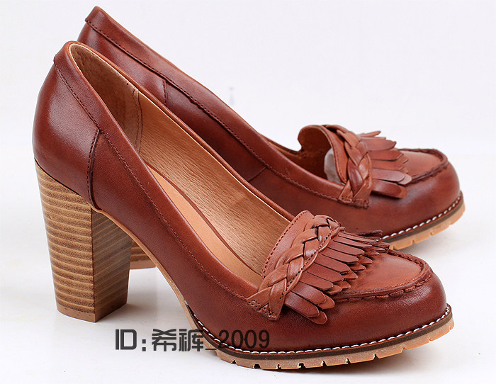 VIVI 舒服耐穿 FRYE 牛皮梨花流苏编织做旧复古粗跟OL气质单鞋