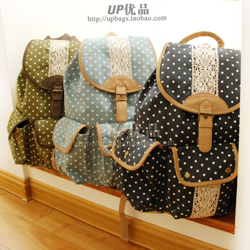【UP优品】日本同步新番 3P合皮蕾丝水玉棉麻帆布背包双肩包
