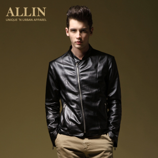  ALLIN男装 新品皮衣 男韩版修身春秋短款立领男士机车外套 皮夹克