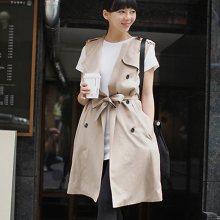 布驰puch2012春款韩版修身卡其色中长款宽松休闲百搭无袖女风衣