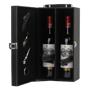  【久加久】进口红酒 法国圣劳伦干红葡萄酒黑色皮盒（四件套）