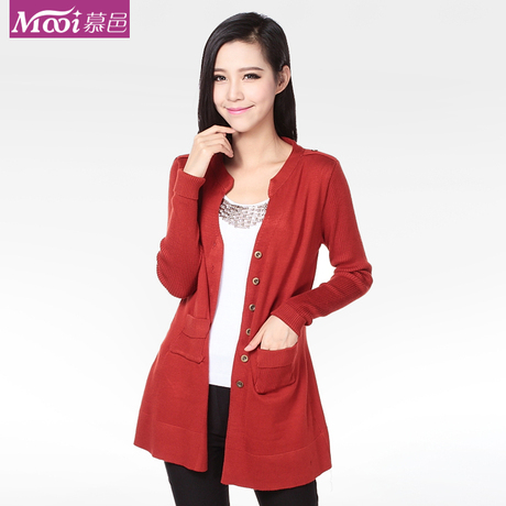mooi慕邑 2012新款毛衣 <em>休闲长款开衫</em>纯色<em>针织</em>