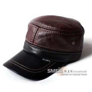  斯美斯冬季韩版真皮帽子 男士头层牛皮帽 休闲平顶带护耳01