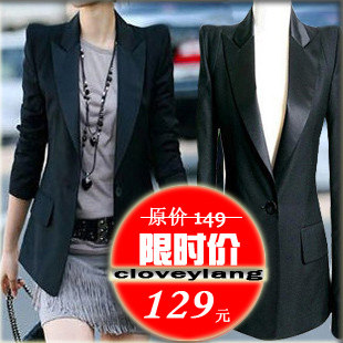 韩版中长款黑色耸肩垫肩小西装外套女一粒扣修身时尚西服有加大码