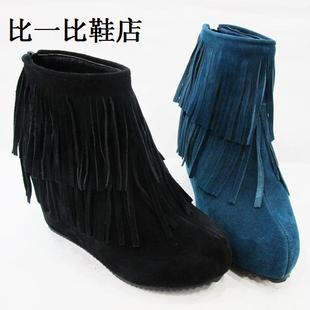  江南鸟美尚世家女靴短靴女鞋新款正品坡跟真皮流苏内增高A035