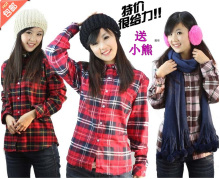 包邮少女学生英伦长袖大码女装加厚休闲韩版秋冬格子衬衫衬衣外套
