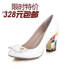 2012新款羊皮高跟真皮女鞋 彩色金属电镀粗跟欧美职业OL时尚单鞋