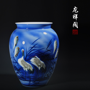 景德镇陶瓷器花瓶名家青花瓷鹤 创意花器摆件落地干花装饰工艺品